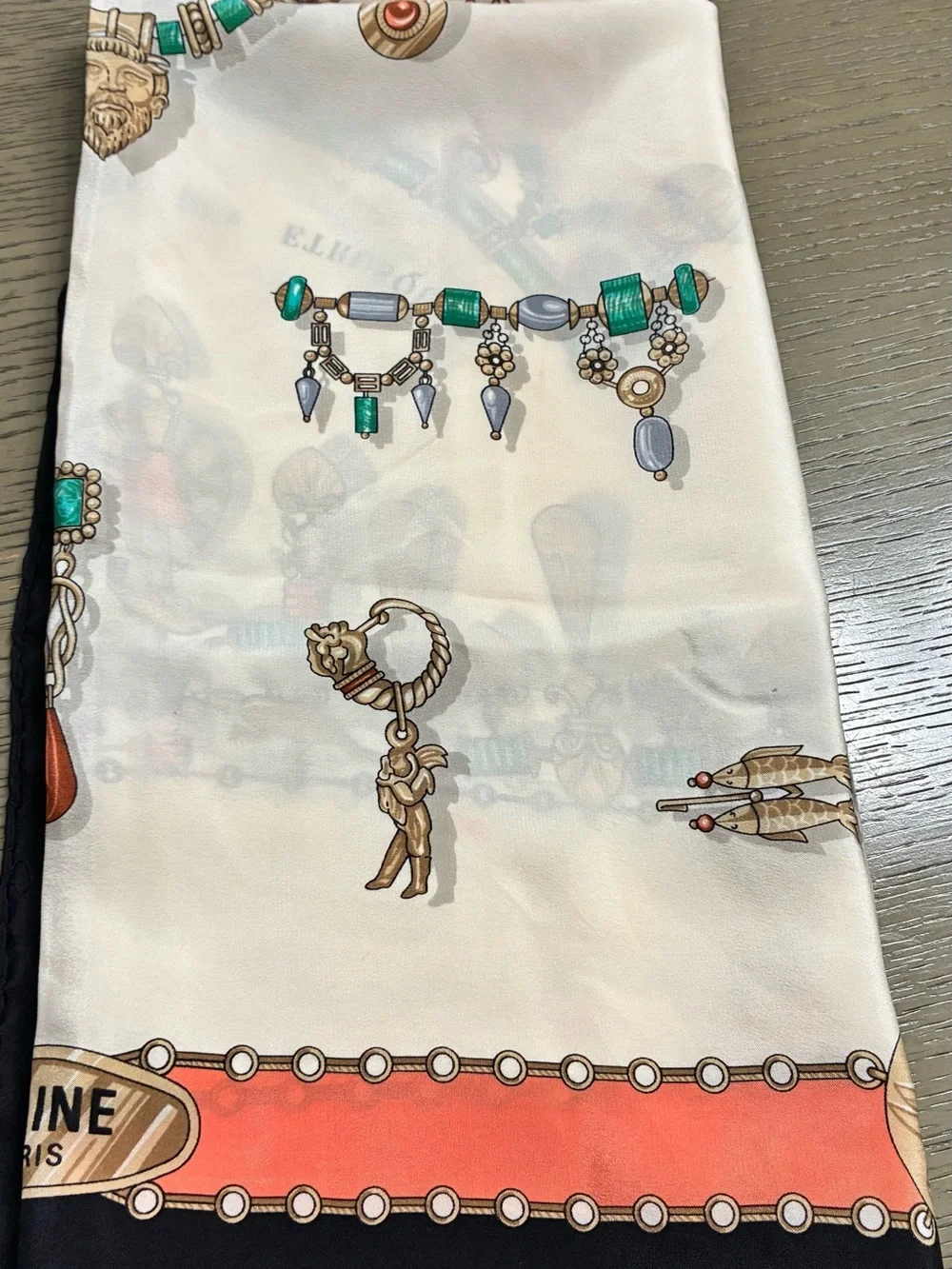 Celine Ivory Silk Scarf with Coral and Green Jewelry Motif